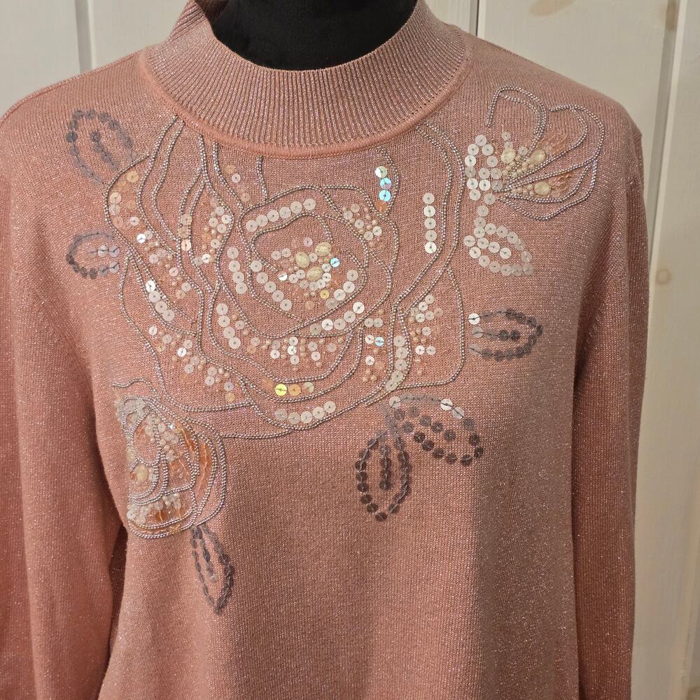 ALFRED DUNNER Mock Neck Light Weight Sweater Beaded Floral Design Pink Size L